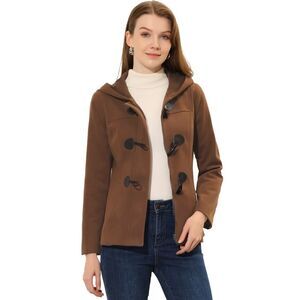 Casual Winter Outwear Hooded Button Toggle Pea Coat Dark Brown